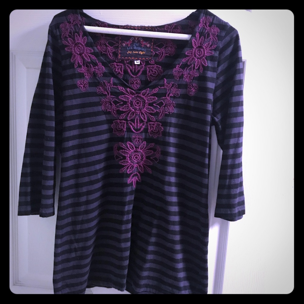 Johnny Was 3/4 sleeve black purple striped tee